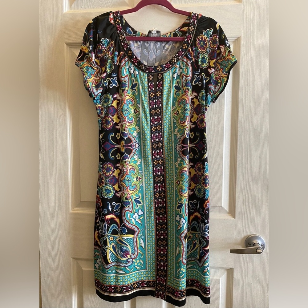 ECI New York Women’s Multicolor Printed Beaded Dress NWOT 12